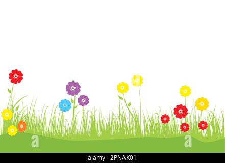 Blühende Wiese mit Gras und Blumen. Vektordarstellung. Stock Vektor