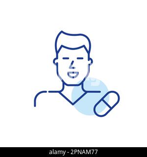 Symbol für männliche Apotheker. Lächelnder Mann in Uniform und Pille. Pixelgenaue, bearbeitbare Konturlinie Stock Vektor