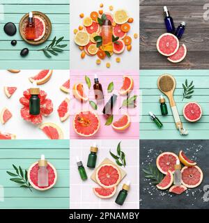 Collage mit Flaschen ätherisches Grapefruitöl, Draufsicht Stockfoto