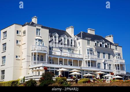 Vorderansicht des weiß getünchten Belmont Hotels, Sidmouth, Devon, Großbritannien, Europa. Stockfoto