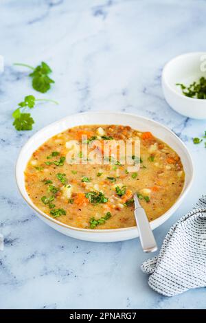 Veganer Eintopf mit Kartoffeln, Süßkartoffeln und Linsen in einer weißen Schüssel. Pflanzliches Rezept. Stockfoto