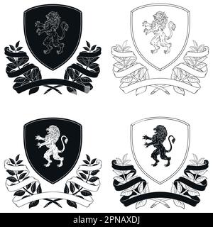 Vektordesign eines heraldischen mittelalterlichen Schilds, edles Schild der europäischen Monarchie mit wildem Löwen, Lorbeerkranz und Band Stock Vektor