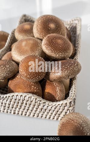 Bio-Shitake-Pilze in Korb und auf Stein. Stockfoto