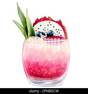 Aquarell saftiger Drachenfrucht-Rosa-Cocktail, Limonade, Saft mit Eiscreme-Illustration. Pitahaya-Entgiftungsgetränk Stockfoto