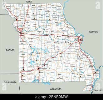Detaillierte Straßenkarte in Missouri mit Beschriftung. Stock Vektor