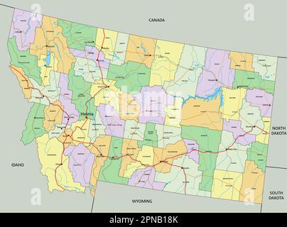 Montana - sehr detaillierte, bearbeitbare politische Karte mit Kennzeichnung. Stock Vektor
