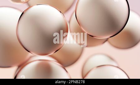 Ätherische Ölblasen für Kosmetika in Wasser. Goldene Flüssigkeitsblasen, Flüssigkeitsströmung. Kollagen, schwimmende Atome, feuchtigkeitsspendende Creme, Hautserum, Vitamin, Be Stockfoto