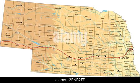 Hochdetaillierte physikalische Karte von Nebraska mit Beschriftung. Stock Vektor