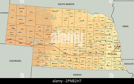 Hochdetaillierte physikalische Karte von Nebraska mit Beschriftung. Stock Vektor