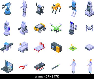 Symbole des Robotersystems-Ingenieurs legen den isometrischen Vektor fest. Software-Codierung. Computergehirn Stock Vektor