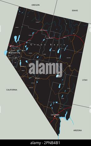 Hochdetaillierte Straßenkarte von Nevada mit Kennzeichnung. Stock Vektor