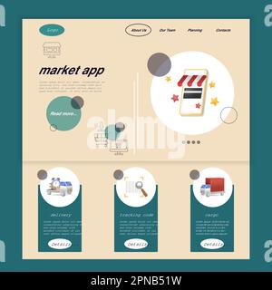 Vorlage für flache Landing-Page-Website für Market-App. Lieferung, Verfolgungscode, Fracht. Webbanner mit Header, Content und Footer. Vektordarstellung. Stock Vektor