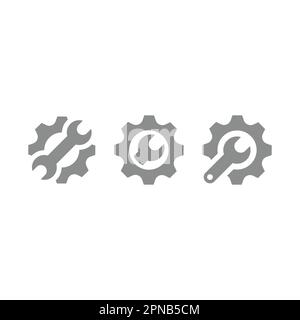 Symbolsatz Zahnrad mit Schraubenschlüssel oder mit Schraubenschlüssel gefülltem Vektor. Einrichtung, Einstellungen Glyphensymbole. Stock Vektor