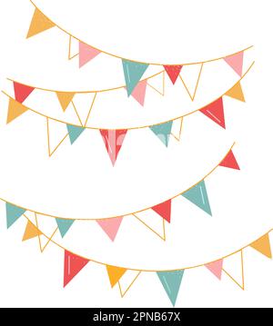 Festliche Vektorgirlanden für eine Party. Mehrfarbige Flaggen, Dekorationen zur Dekoration des Raumes. Isoliert auf Kreidehintergrund: Grün, gelb, rot, rosa. Stock Vektor