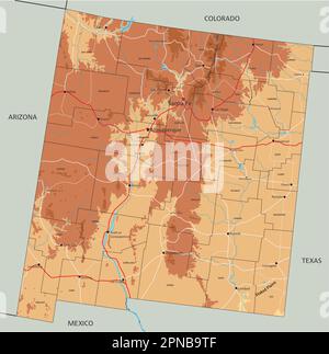 Hochdetaillierte physische Karte von New Mexico mit Beschriftung. Stock Vektor