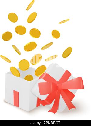 Goldene Münzen mit einem Vektor zur Illustration einer Geschenkbox Stock Vektor