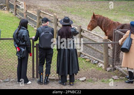 Lemberg, Ukraine. 17. April 2023. Drei Frauen stehen in der Nähe eines Gehege mit Pferden Trotz des Krieges feiern die Menschen den zweiten Ostertag und besuchen den Park mit Vieh, um sie zu füttern, Spaß zu haben und Zeit mit Family Credit: SOPA Images Limited/Alamy Live News zu verbringen Stockfoto