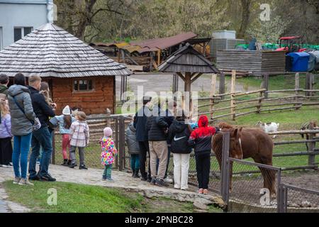 Lemberg, Ukraine. 17. April 2023. Erwachsene und Kinder stehen in der Nähe eines Gehäuses mit Pferden Trotz des Krieges feiern die Menschen den zweiten Ostertag und besuchen den Park mit Vieh, um sie zu füttern, Spaß zu haben und Zeit mit Familienkredit zu verbringen: SOPA Images Limited/Alamy Live News Stockfoto