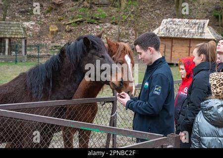 Lemberg, Ukraine. 17. April 2023. Erwachsene und Kinder stehen in der Nähe eines Gehäuses mit Pferden Trotz des Krieges feiern die Menschen den zweiten Ostertag und besuchen den Park mit Vieh, um sie zu füttern, Spaß zu haben und Zeit mit Familienkredit zu verbringen: SOPA Images Limited/Alamy Live News Stockfoto