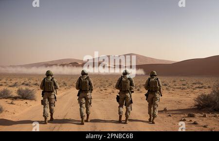 Vier voll ausgestattete und bewaffnete Soldaten stehen auf Hill in Desert Environment. Sand, blauer Himmel auf dem Hintergrund der Truppe, Sonnenlicht, Vorderansicht. G Stockfoto