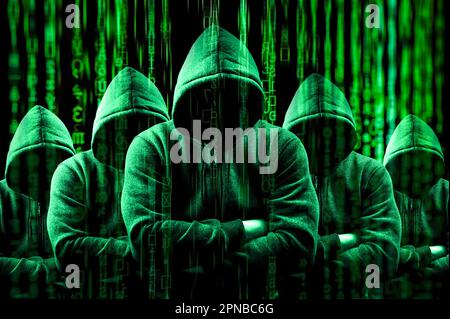 Hacker-Gruppe in Kapuzenpullis. Gruppe von Hackern im Cybersicherheitskonzept. Eine Gruppe düsterer Hacker in Kapuzen im Serverraum. Malware, Phishing und Stockfoto
