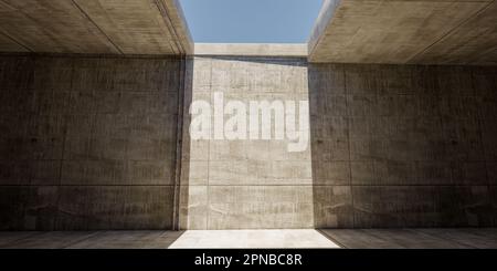 Betonwandhintergrund für die Produktplatzierung. Betonwandhintergrund mit bodenbreiter, leerer Garagenszene. Textur alter dunkler Betonwand mit sc Stockfoto