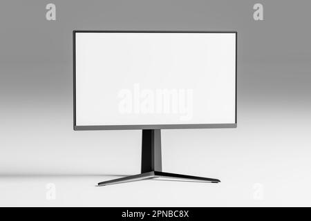 Modell-Computermonitor mit leerem Bildschirm. Modell-Monitor-Desktop-Computer. Moderner pc-Monitor auf grauem Hintergrund. 3D Abbildung Stockfoto