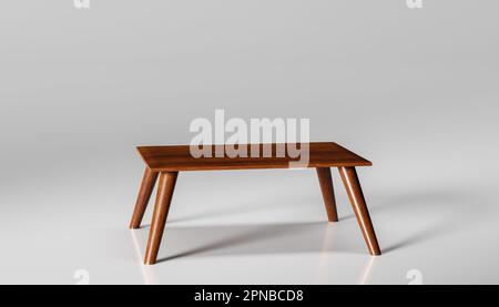 Hölzerner Kaffeetisch auf weißem Hintergrund. Produktplatzierungsszene. 3D Abbildung Stockfoto