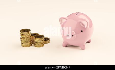 Sparschwein mit Geld. Piggy Bank mit gestapelten Münzen auf weißem Hintergrund. Investitionsziele festlegen. Geld sparen. Abbildung „Abstand 3D“ kopieren. Stockfoto