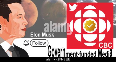 Am 18. April 2023 schrieb Elon Musk in seinem Twitter-Profil einen neuen Beitrag über die Canadian Broadcasting Corp Stockfoto