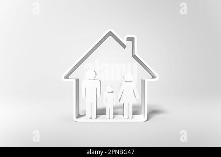 Weiße Menschen Figuren in einem hausförmigen Rahmen, die das Konzept einer liebenden Familie zu Hause auf weißem Hintergrund darstellen Stockfoto