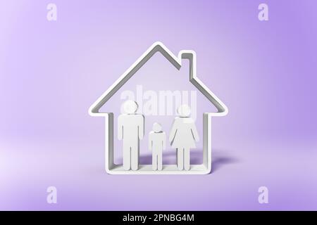 Weiße Menschen Figuren in einem hausförmigen Rahmen, der das Konzept einer liebenden Familie zu Hause auf lila Hintergrund darstellt Stockfoto