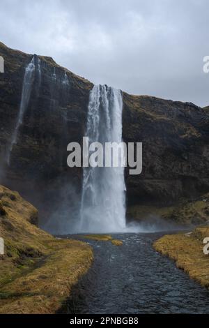 Malerischer Blick auf den Wasserfall Seljalandsfoss, der von rauen Felsen in den Fluss stürzt und Felsen in bergigen Wäldern in Island hinunterfließt Stockfoto