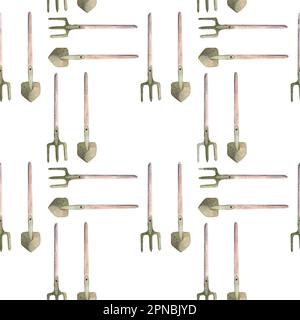 Aquarelle Illustration, Muster mit Gartenwerkzeugen – Schaufeln und Heugabeln auf weißem Hintergrund eignen sich für das Design von Textilien und zum Einwickeln von pape Stockfoto