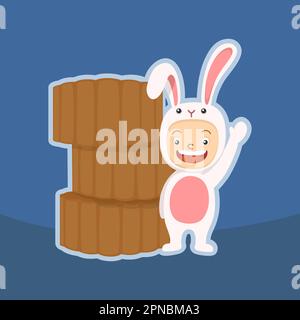 Süßes Kind in Kaninchenkostüm und Mondkuchen Stock Vektor