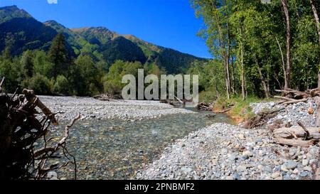 Kleiner, klarer, kalter Fluss mit Kieselsteinen im Arkhyz Gebirgskamm - Foto der Natur Stockfoto