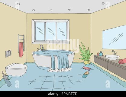 Flut im Badezimmer Grafik Zuhause Farbe Skizze Vektor Stock Vektor