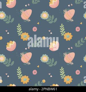 Ein nahtloses ostermuster mit Blumenelementen mit Eiern und blauen Blättern Stockfoto