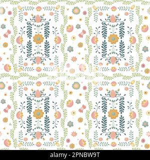 Dekoratives, nahtloses Muster mit einer Verzierung aus Zweigen mit Likini, mit Blumen und Ostereiern, stilisiert dekorativ. Ostertischdecken, Papier Stockfoto