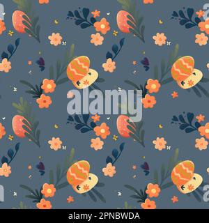 Nahtloses ostermuster mit Blumen und Eiern auf blauem Rücken Stockfoto