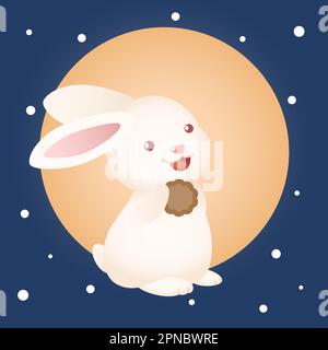 Süßes Hase-Hase-Hase im Herbst mit Mondkuchen und Mondhintergrund Stock Vektor