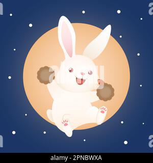 Süßes Hasen-Hase-Festival im Herbst mit Mondkuchen und großem Mondhintergrund Stock Vektor
