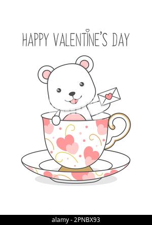 Süßer Eisbär im Becher mit Liebesbrief Valentinstag Stock Vektor