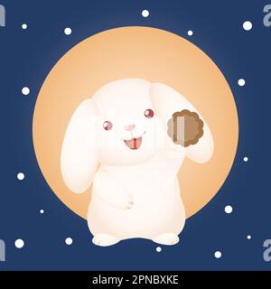 Süßes Langohr-Kaninchen-Hase mit Mondkuchen und großem Mondhintergrund Stock Vektor