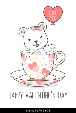 Süßer Igel in Einem Becher mit Ballon am Valentinstag Stock Vektor