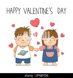 Süßer Junge Und Mädchen Mit Händchen Am Valentinstag Stock Vektor