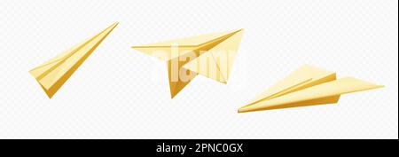 Realistischer isolierter Vektor der gelben 3D-Papierebene. Origami Flugzeugmodell Flugsymbol auf transparentem Hintergrund. E-Mail-Brief-Konzept senden. Symbol Erfolg im Geschäft. Abbildung der gesendeten Nachricht Stock Vektor