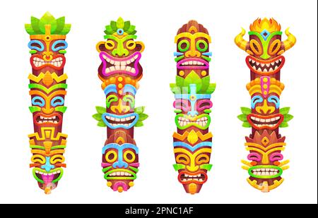 Hawaiianische Stammestotems mit Tiki-Masken an Stangen. Polynesischer gott hölzerne Statuen, farbige einheimische afrikanische Tikki-Masken isoliert auf weißem Hintergrund, Vektorzeichentrickset Stock Vektor