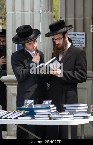 Ein Sonntagsbuchverkauf vor einer Satmarsynagoge in Williamsburg 2 chassidische Männer durchsuchen ein jiddisches Buch. Brooklyn, New York City, 2023. Stockfoto