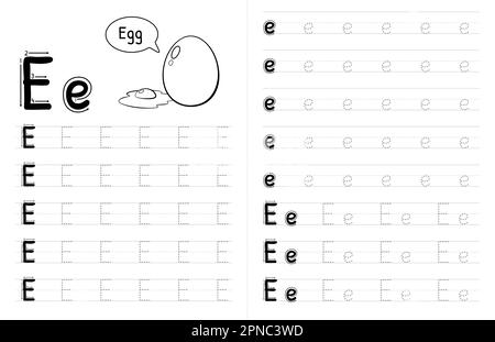 Innenausstattung mit ABC-Buchstaben und Pünktchenbuch für Kinder. Kinder Schreiben Arbeitsblatt Mit Bild. Premium Vektorelemente Buchstabe E. Stock Vektor